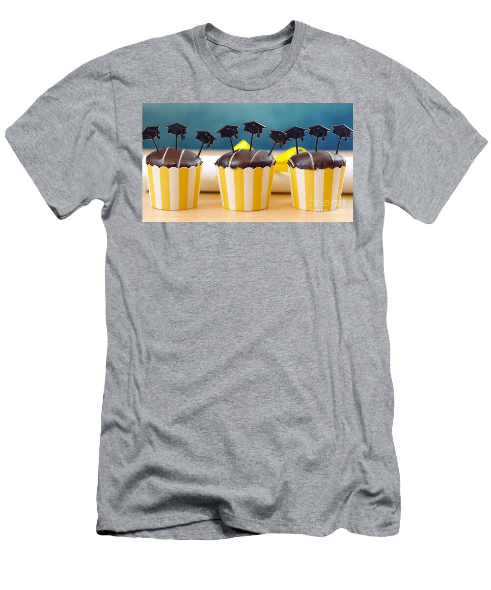 Yellow and Blue Theme Graduation Party Cupcakes with Cap Hats Toppers Milleflore Images T-Shirt