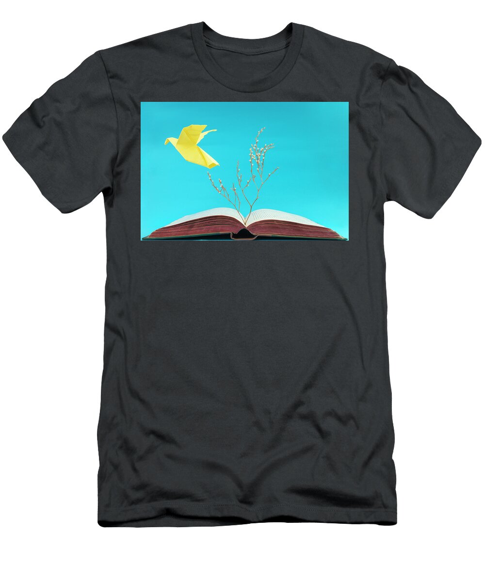 Yellow Origami Dove Flying From an Old Book on Blue Background Dorin Puha T-Shirt
