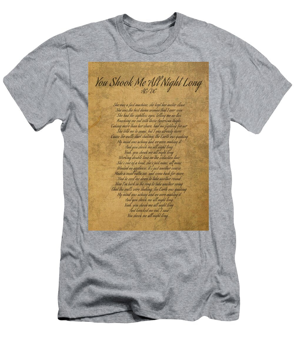 You Shook Me All Night Long By Ac DC Vintage Song Lyrics on Parchment Design Turnpike T-Shirt