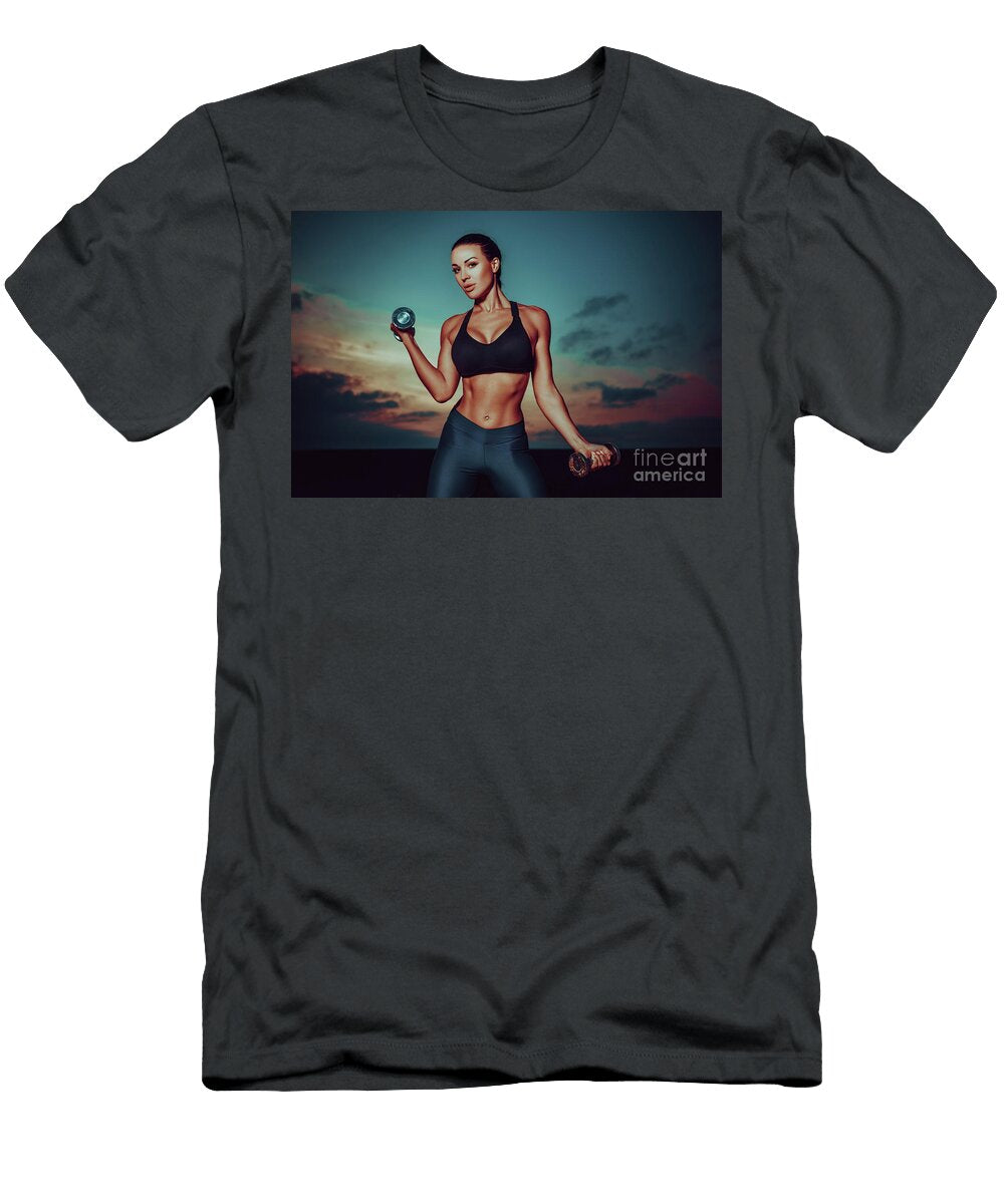 Young Sports Woman Training with Dumbbells on Twilight Sky Backg Stanislav Perov T-Shirt