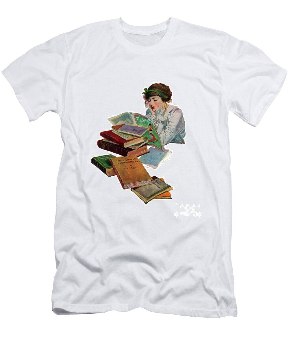 Young Woman Reading a Fashion Magazine 1914 Screen Print American School T-Shirt