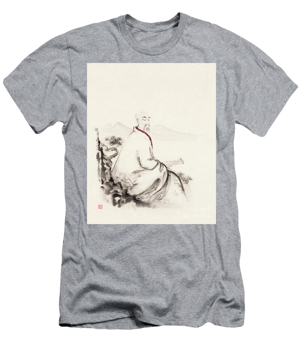 Zen Sumi E Artwork of an Old Asian Scholar Monk Meditating with Awen Fine Art Prints T-Shirt