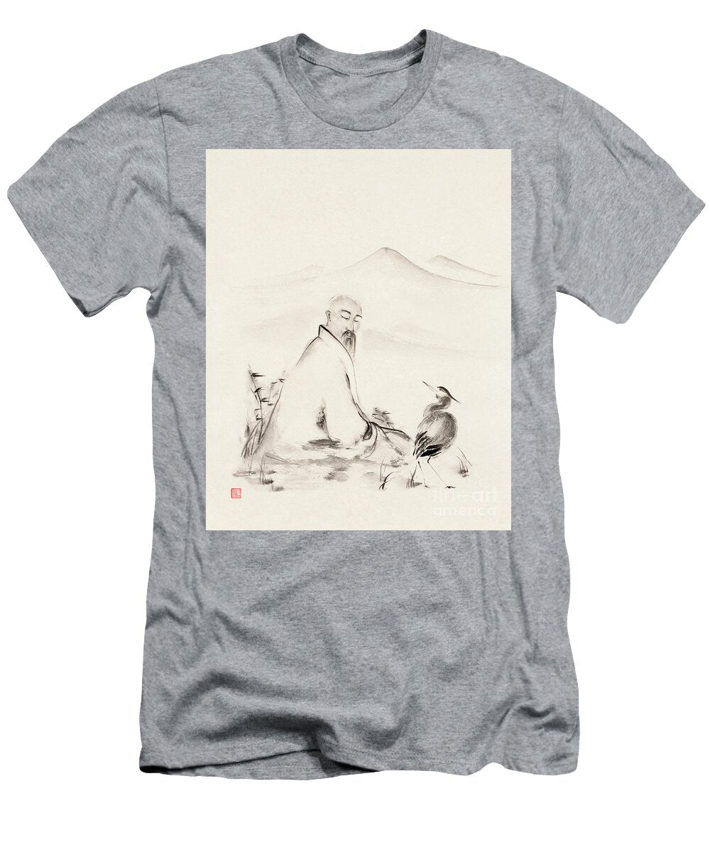 Zen Sumi E Artwork of an Old Sage and a Heron Conversing By the Awen Fine Art Prints T-Shirt